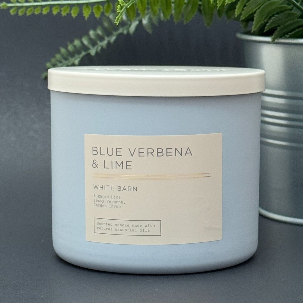 BBW Blue Verbena & Lime White Barn Bath & Body Works 3 Wick Candle